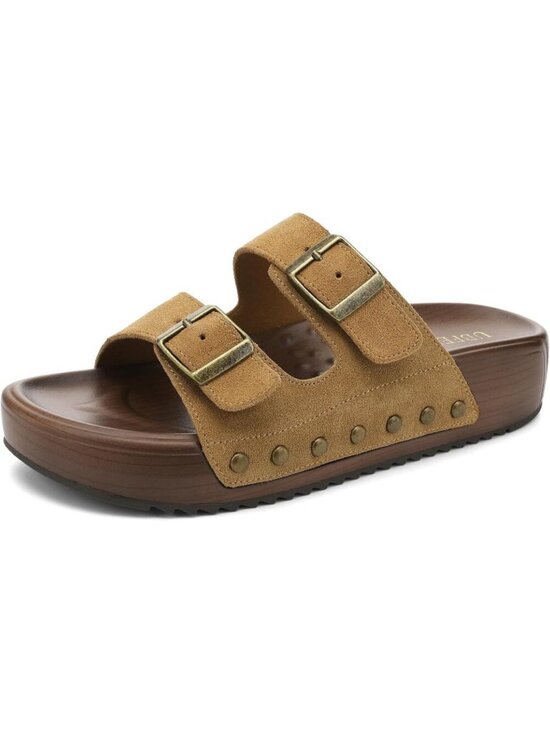 Shoes - Women's Slides Platform B Caramel Genuine Leather Arch Support Buckle Sandals